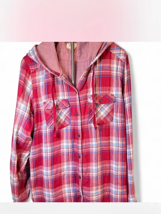 Boston Traders- Magenta Hooded Plaid Button-Up Hoodie Shirt XXL - Picture 2 of 6